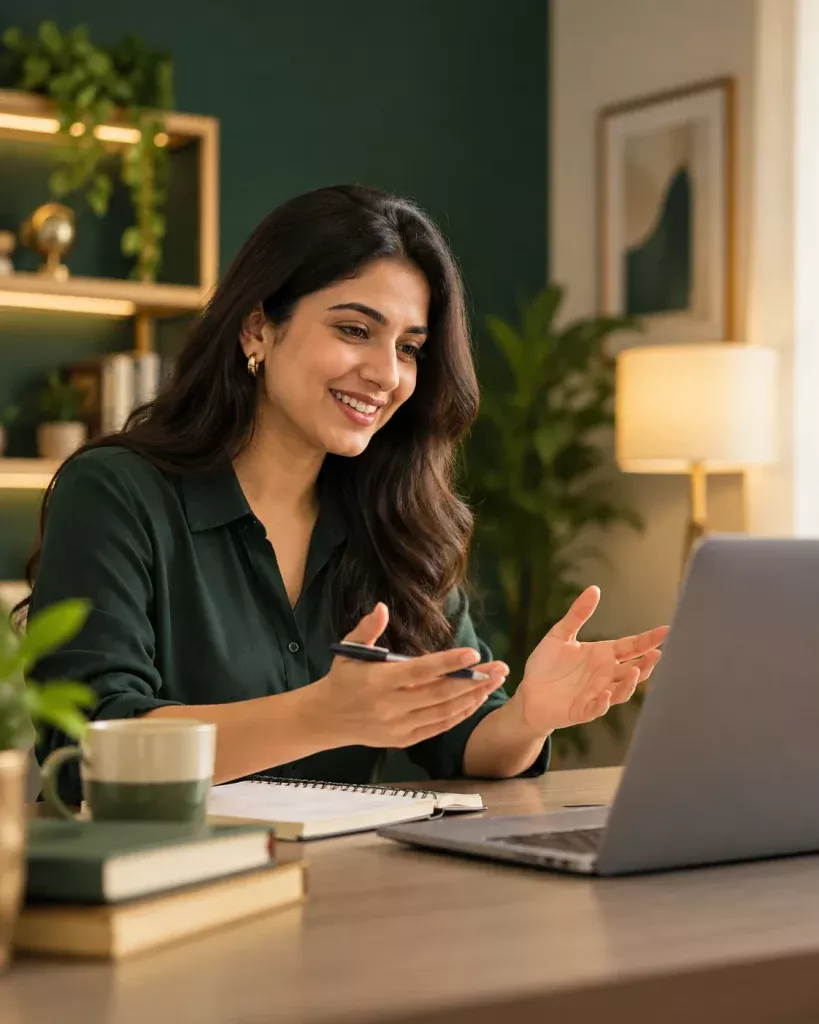 Learner smiling on a video lesson with a mentor