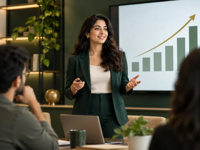 Confident learner beside a rising progress chart
